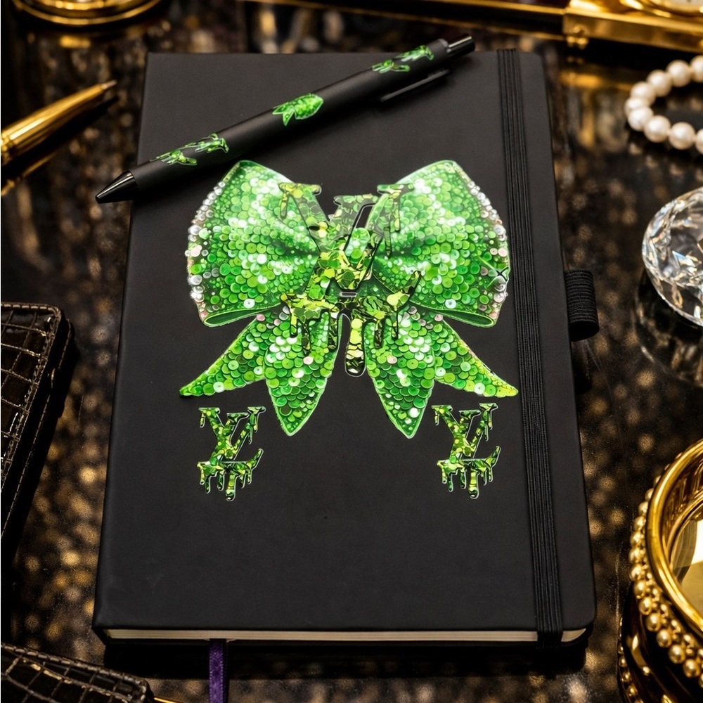Black Notebook with Green Sequin Bow and Pen
